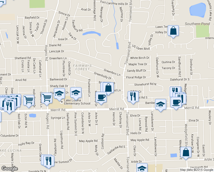 map of restaurants, bars, coffee shops, grocery stores, and more near 7051 Barkwood Drive in Jacksonville