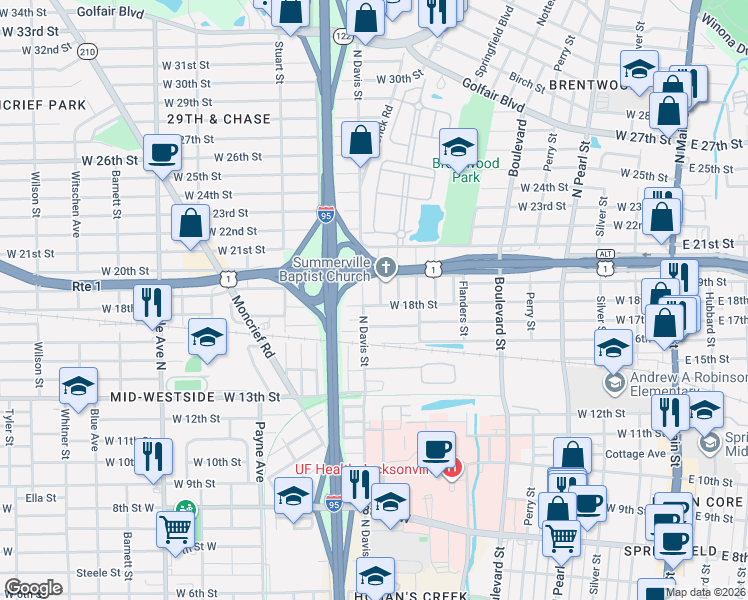 map of restaurants, bars, coffee shops, grocery stores, and more near 2830 Mars Street in Jacksonville