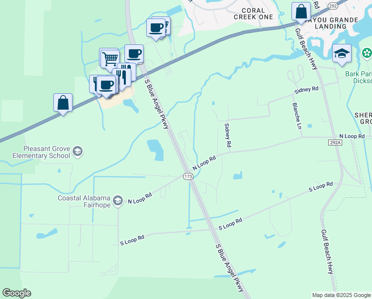 map of restaurants, bars, coffee shops, grocery stores, and more near 9890 North Loop Road in Pensacola