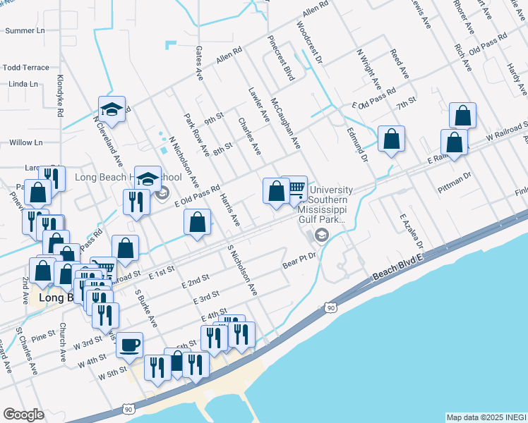 map of restaurants, bars, coffee shops, grocery stores, and more near 118 Lassere Circle in Long Beach