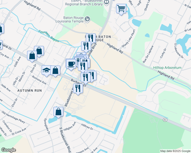 map of restaurants, bars, coffee shops, grocery stores, and more near 10600 Lakes Boulevard in Baton Rouge