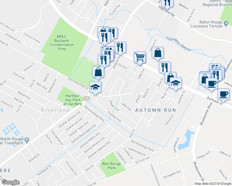 map of restaurants, bars, coffee shops, grocery stores, and more near 1428 Jade Avenue in Baton Rouge