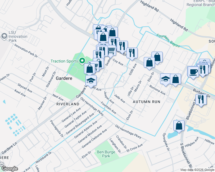 map of restaurants, bars, coffee shops, grocery stores, and more near 1428 Jade Avenue in Baton Rouge