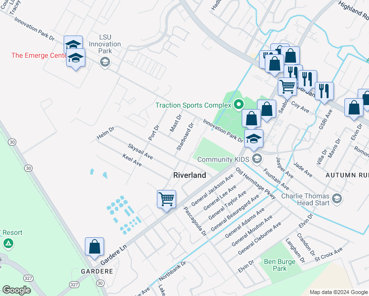 map of restaurants, bars, coffee shops, grocery stores, and more near 1753 Starboard Drive in Baton Rouge
