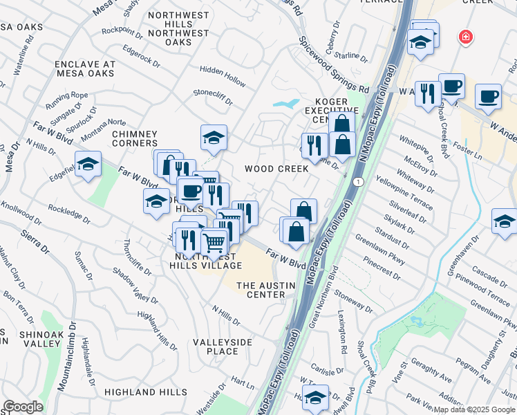 map of restaurants, bars, coffee shops, grocery stores, and more near 7122 Wood Hollow Drive in Austin