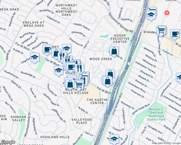 map of restaurants, bars, coffee shops, grocery stores, and more near 7201 Hart Lane in Austin