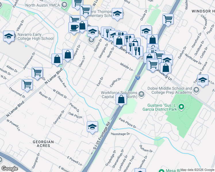 map of restaurants, bars, coffee shops, grocery stores, and more near 8908 Capitol Drive in Austin