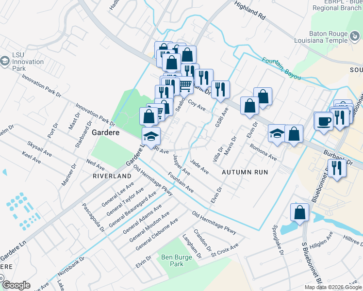 map of restaurants, bars, coffee shops, grocery stores, and more near 8723 GSRI Avenue in Baton Rouge