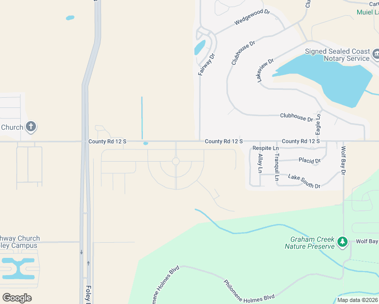 map of restaurants, bars, coffee shops, grocery stores, and more near 22152-22254 County Road 12 in Foley