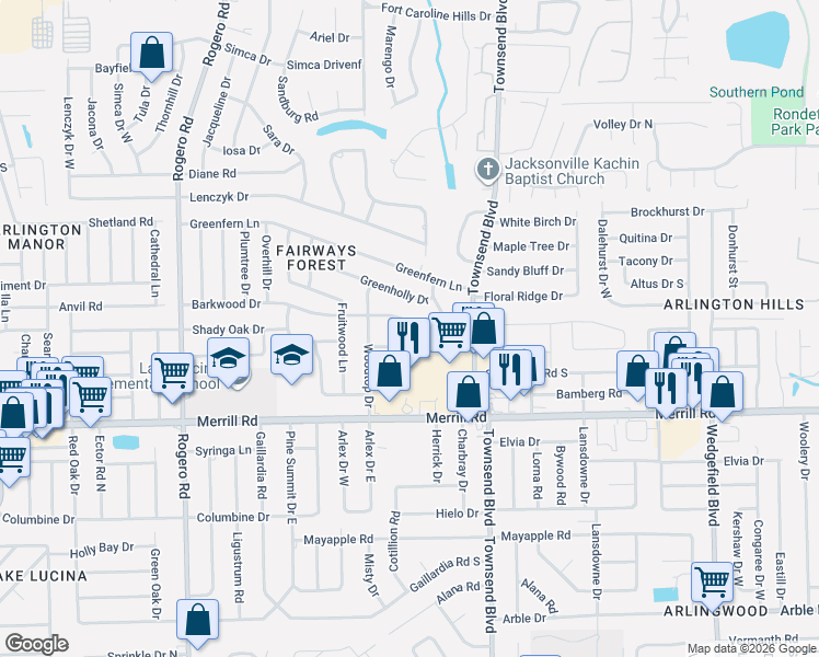 map of restaurants, bars, coffee shops, grocery stores, and more near 7051 Barkwood Drive in Jacksonville