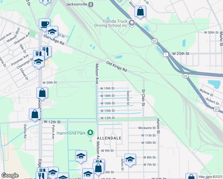 map of restaurants, bars, coffee shops, grocery stores, and more near 3104 West 19th Street in Jacksonville