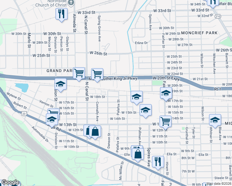 map of restaurants, bars, coffee shops, grocery stores, and more near 2048 West 19th Street in Jacksonville