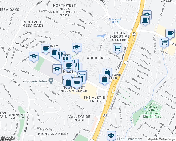 map of restaurants, bars, coffee shops, grocery stores, and more near 7201 Hart Lane in Austin