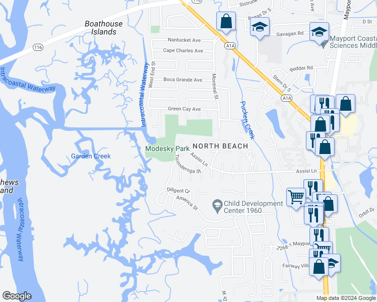 map of restaurants, bars, coffee shops, grocery stores, and more near 1043 Princeton Court in Jacksonville