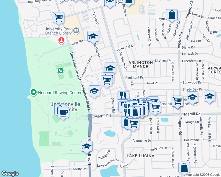 map of restaurants, bars, coffee shops, grocery stores, and more near 3024 Justina Road in Jacksonville
