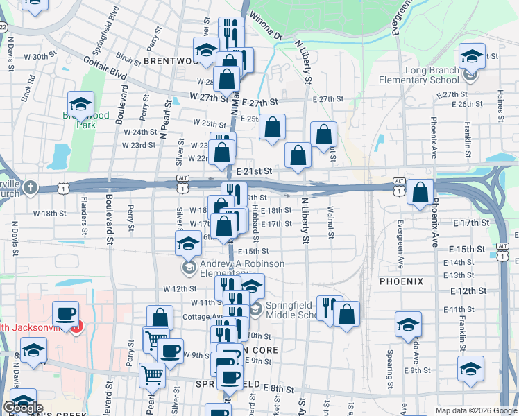 map of restaurants, bars, coffee shops, grocery stores, and more near 2824 Hubbard Street in Jacksonville