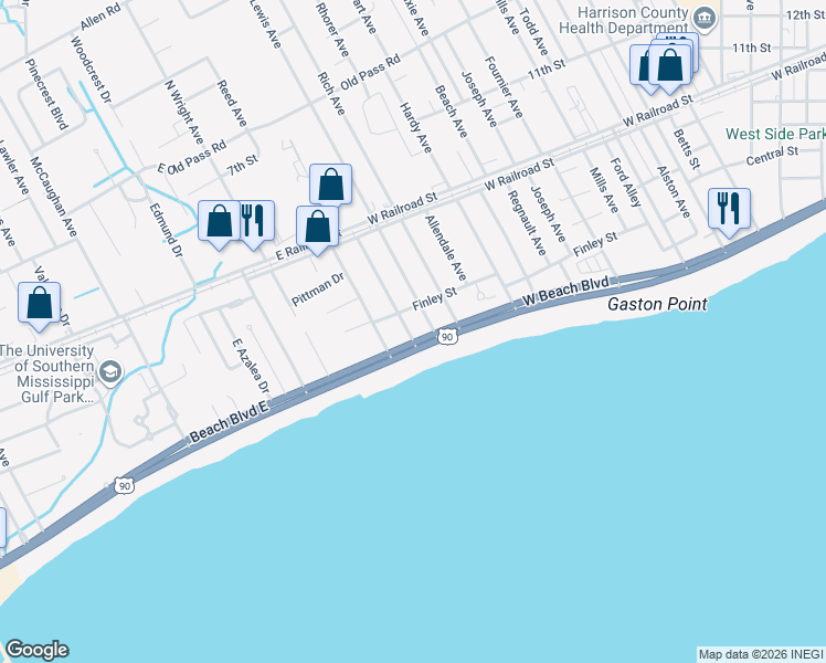 map of restaurants, bars, coffee shops, grocery stores, and more near 1102 E Beach Blvd in Long Beach