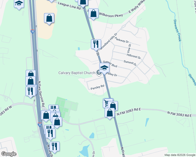 map of restaurants, bars, coffee shops, grocery stores, and more near 3401 North Frazier Street in Conroe