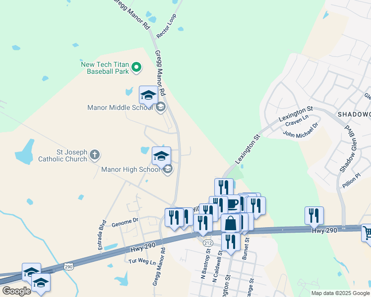 map of restaurants, bars, coffee shops, grocery stores, and more near 12800 Mary Magdalene Episcopal Church in Manor