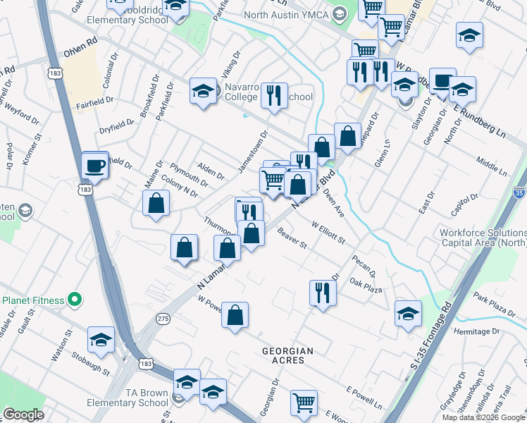 map of restaurants, bars, coffee shops, grocery stores, and more near 8610 North Lamar Boulevard in Austin