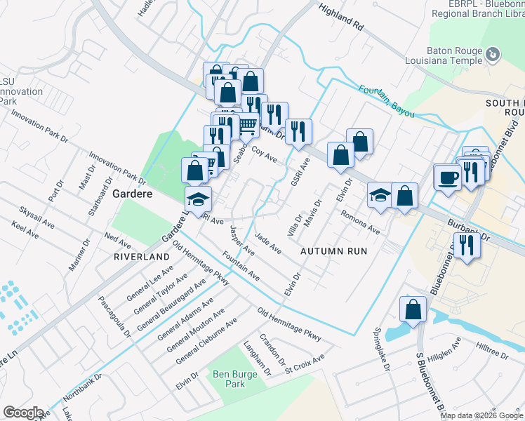 map of restaurants, bars, coffee shops, grocery stores, and more near 8825 GSRI Avenue in Baton Rouge