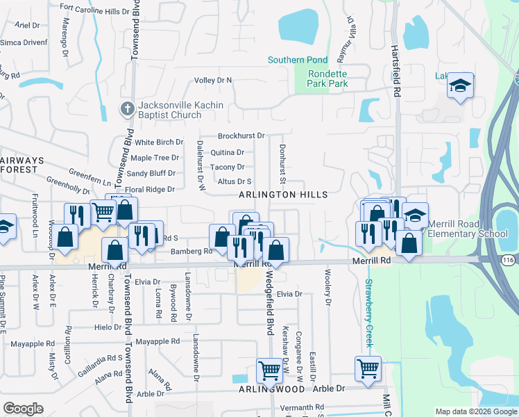 map of restaurants, bars, coffee shops, grocery stores, and more near 7642 Dalehurst Drive West in Jacksonville