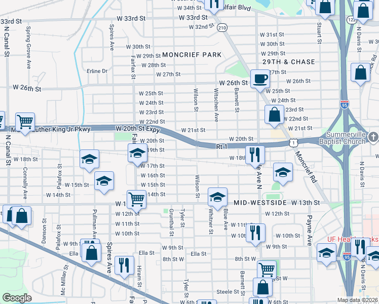 map of restaurants, bars, coffee shops, grocery stores, and more near 1560 West 19th Street in Jacksonville
