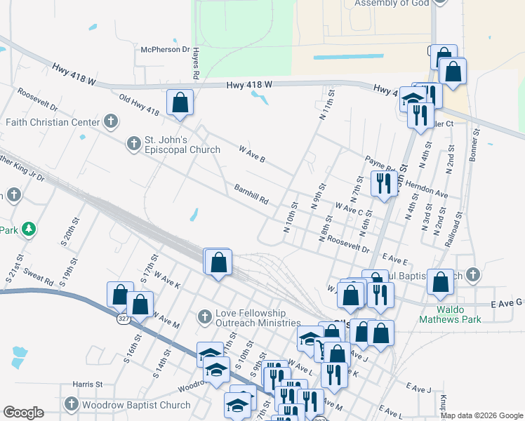 map of restaurants, bars, coffee shops, grocery stores, and more near 750 Roosevelt Drive in Silsbee