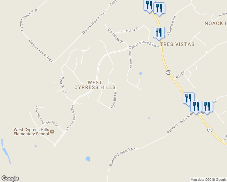 map of restaurants, bars, coffee shops, grocery stores, and more near 21817 Agarito Lane in Spicewood
