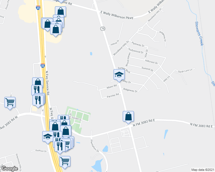 map of restaurants, bars, coffee shops, grocery stores, and more near 990 Mann Road in Conroe
