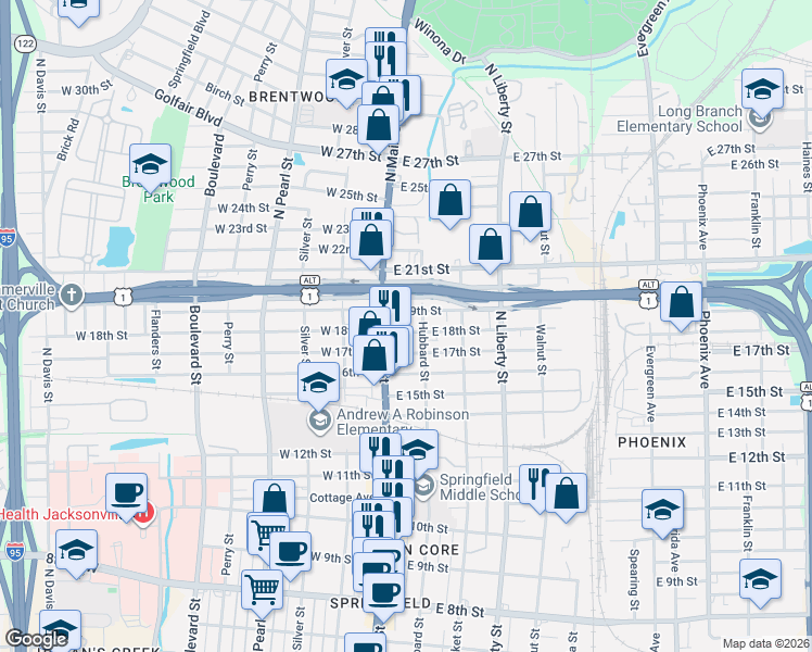 map of restaurants, bars, coffee shops, grocery stores, and more near 2824 Hubbard Street in Jacksonville