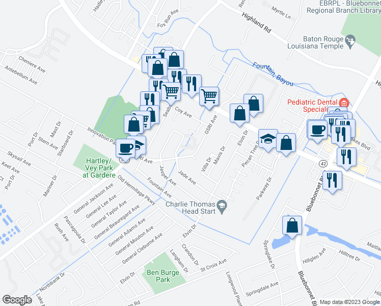 map of restaurants, bars, coffee shops, grocery stores, and more near 8865 GSRI Avenue in Baton Rouge