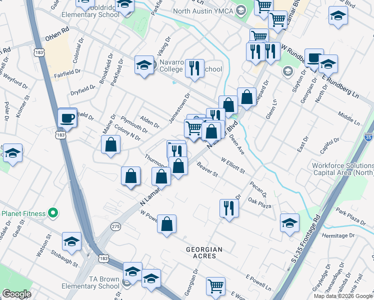 map of restaurants, bars, coffee shops, grocery stores, and more near 8610 North Lamar Boulevard in Austin