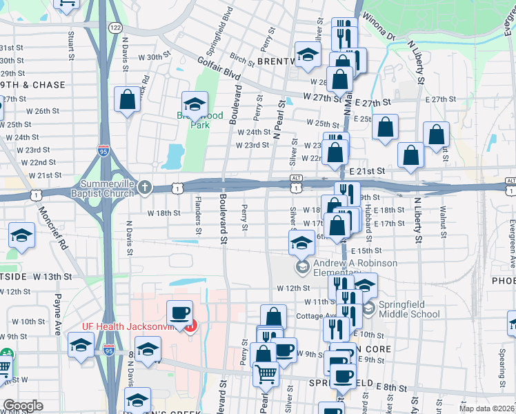 map of restaurants, bars, coffee shops, grocery stores, and more near 2818 North Pearl Street in Jacksonville