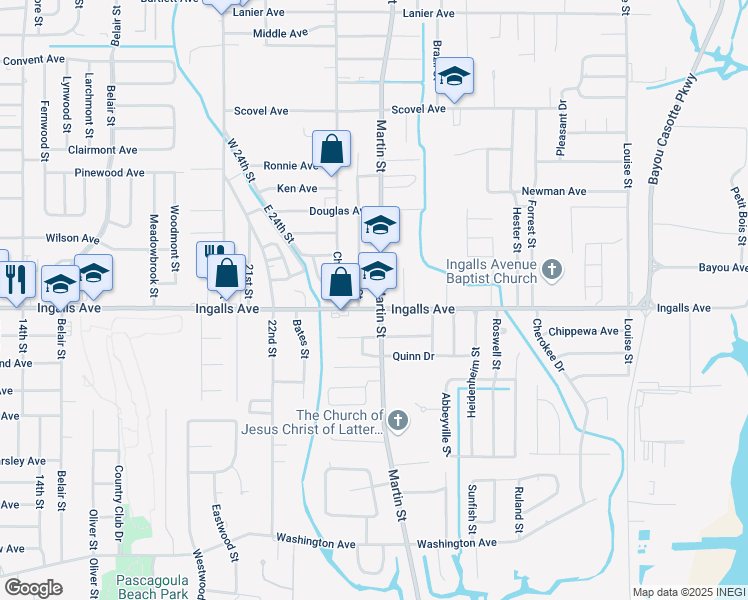 map of restaurants, bars, coffee shops, grocery stores, and more near 1901-1997 Martin Street in Pascagoula