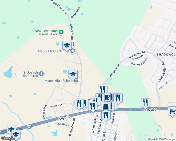 map of restaurants, bars, coffee shops, grocery stores, and more near 12800 Mary Magdalene Episcopal Church in Manor