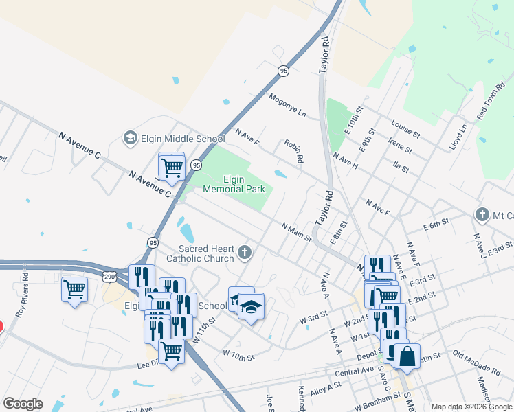 map of restaurants, bars, coffee shops, grocery stores, and more near 1127 North Main Street in Elgin