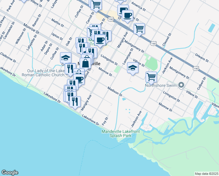 map of restaurants, bars, coffee shops, grocery stores, and more near 400 Lamarque Street in Mandeville