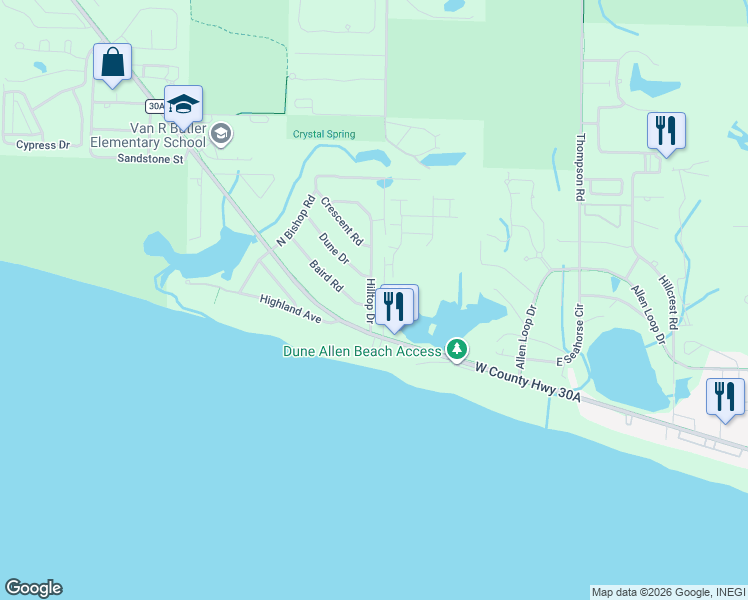 map of restaurants, bars, coffee shops, grocery stores, and more near 110 Hilltop Drive in Santa Rosa Beach