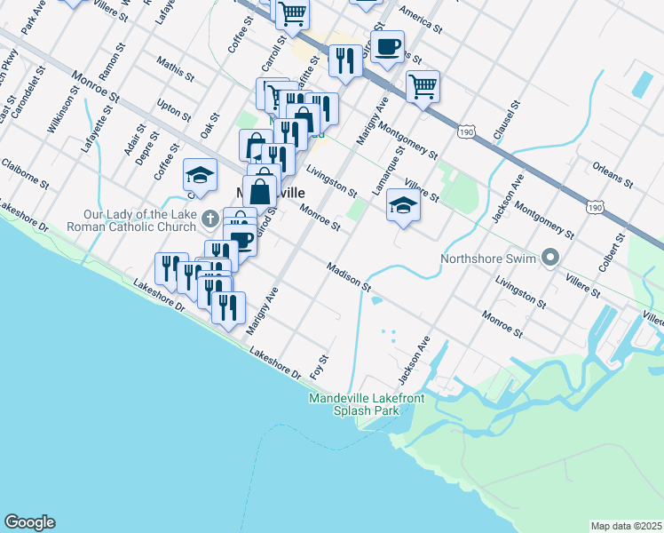 map of restaurants, bars, coffee shops, grocery stores, and more near 400 Lamarque Street in Mandeville