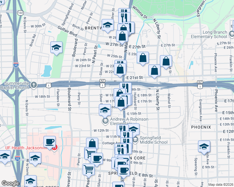 map of restaurants, bars, coffee shops, grocery stores, and more near 33 West 18th Street in Jacksonville