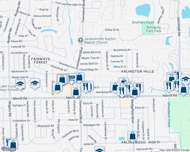 map of restaurants, bars, coffee shops, grocery stores, and more near 7402 Stonehurst Road North in Jacksonville