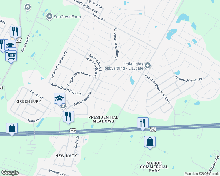 map of restaurants, bars, coffee shops, grocery stores, and more near 12825 Dwight Eisenhower Street in Manor