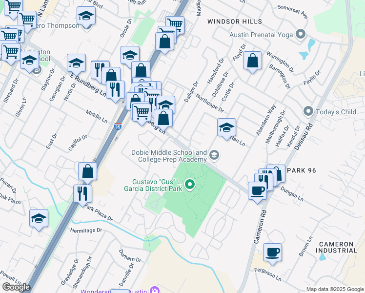 map of restaurants, bars, coffee shops, grocery stores, and more near 1101 East Rundberg Lane in Austin