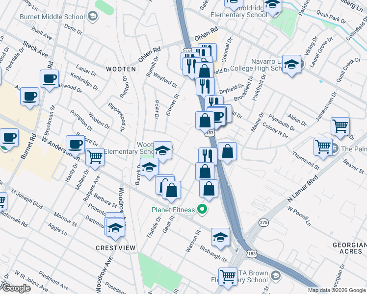 map of restaurants, bars, coffee shops, grocery stores, and more near 8111 Lazy Lane in Austin