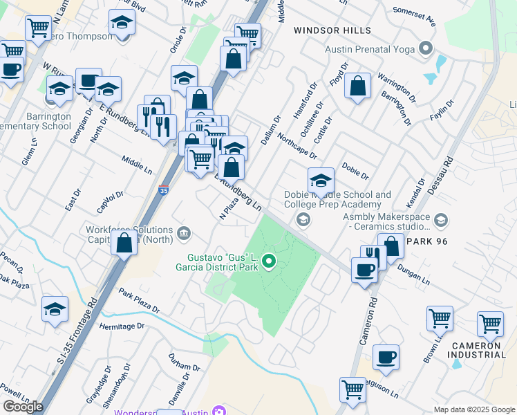 map of restaurants, bars, coffee shops, grocery stores, and more near 1101 East Rundberg Lane in Austin