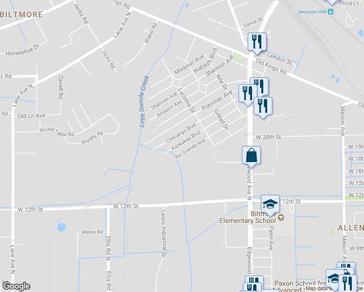 map of restaurants, bars, coffee shops, grocery stores, and more near 5536 Kankakee Boulevard in Jacksonville