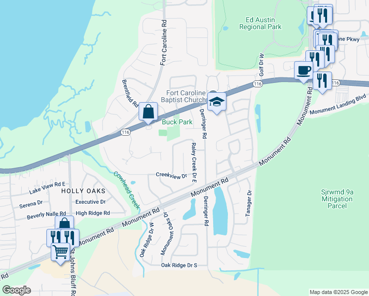 map of restaurants, bars, coffee shops, grocery stores, and more near 1997 Raley Creek Drive West in Jacksonville