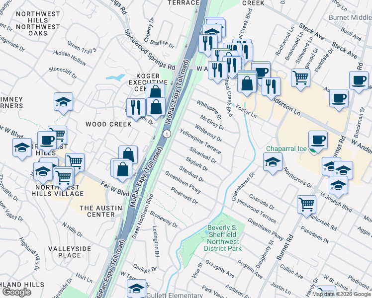 map of restaurants, bars, coffee shops, grocery stores, and more near 3205 Silverleaf Drive in Austin