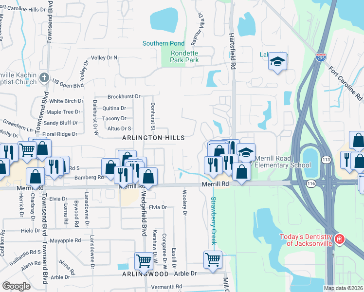 map of restaurants, bars, coffee shops, grocery stores, and more near 7946 Dalehurst Drive South in Jacksonville